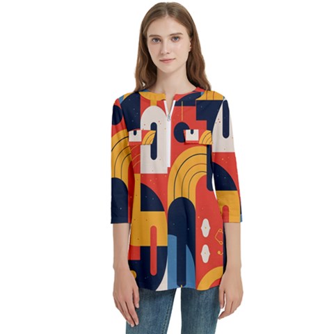 Abstract Pattern Design Women s Zip Front V-neck 3/4 Sleeve Casual Top Pocket Shirt by Salmanaz77