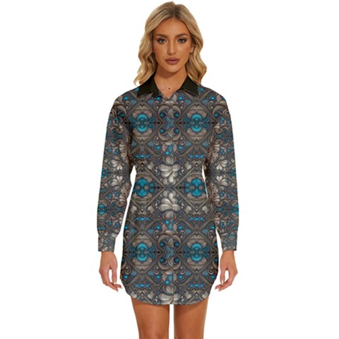 Ornate Baroque Floral Pattern Print Womens Long Sleeve Shirt Dress by dflcprintsclothing