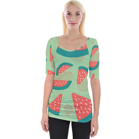 Watermelon Dots Summer Pattern Wide Neckline T-shirt by Bedest