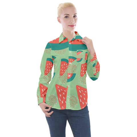 Watermelon Dots Summer Pattern Women s Long Sleeve Pocket Shirt by Bedest