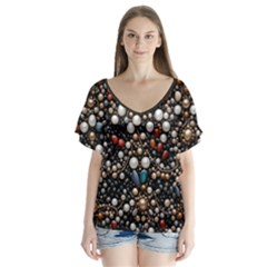 Pearls And Stones V-neck Flutter Sleeve Top by dedoma