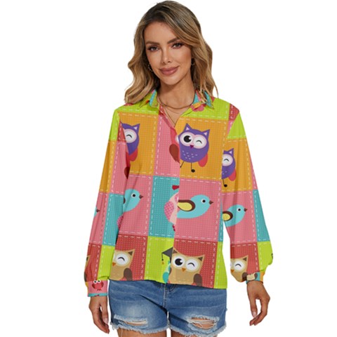 Owls Pattern, Abstract, Art, Desenho Women s Long Sleeve Button Up Shirt by kyorashop23