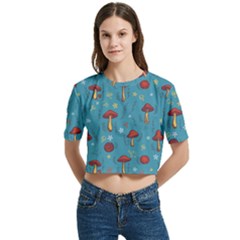 Whimsical Mushroom Pattern Women s Round Neck Short Sleeve Crop Top by Drawde