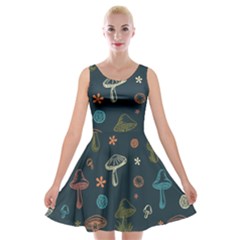 Whimsical Mushrooms Pattern Velvet Skater Dress by Drawde