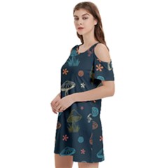 Whimsical Mushrooms Pattern Women s Cold Shoulder Round Neck Mini Dress by Drawde