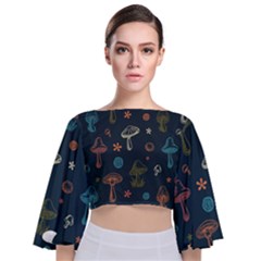 Whimsical Mushrooms Pattern Tie Back Butterfly Sleeve Chiffon Top by Drawde