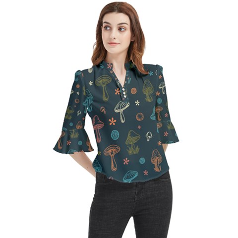 Whimsical Mushrooms Pattern Loose Horn Sleeve Chiffon Blouse by Drawde