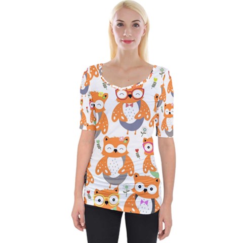 Cute Colorful Owl Cartoon Seamless Pattern Wide Neckline T-shirt by Apen