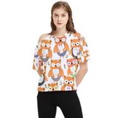 Cute Colorful Owl Cartoon Seamless Pattern One Shoulder Cut Out T-shirt by Apen