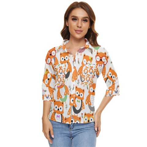 Cute Colorful Owl Cartoon Seamless Pattern Women s Quarter Sleeve Pocket Shirt by Apen