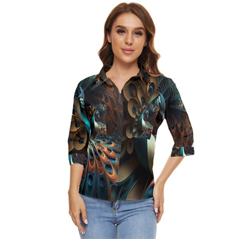 Colorful Peacock Bird Feathers Women s Quarter Sleeve Pocket Shirt by Apen