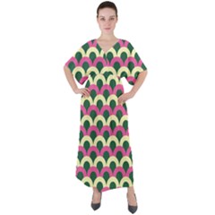 Green Yellow Pattern V-neck Boho Style Maxi Dress by ytdream