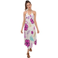 Flowers Leaves Pattern Art Bloom Halter Tie Back Dress  by Grandong