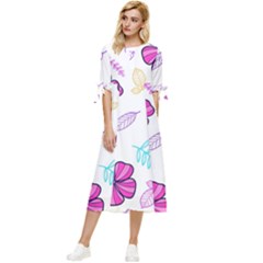 Flowers Leaves Pattern Art Bloom Bow Sleeve Chiffon Midi Dress by Grandong