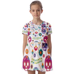 Mexican Floral With Skull Seamless Pattern Kids  Short Sleeve Pinafore Style Dress by Grandong