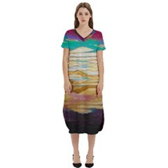 Vibrant Sunset Over Serene Lake T-shirt Midi Dress With Pockets by ExtraAwesomeSauce