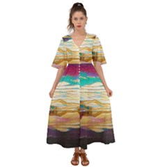 Vibrant Sunset Over Serene Lake Kimono Sleeve Boho Dress by ExtraGoodSauce