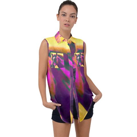 Vibrant Abstract Equine Art Sleeveless Chiffon Button Shirt by ExtraAwesomeSauce