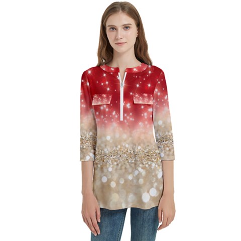 Abstract, Christmas, Glittery, Gold, Red Women s Zip Front V-neck 3/4 Sleeve Casual Top Pocket Shirt by kyorashop23