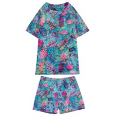 Pink On Blue Leaves Kids  Swim T-shirt And Shorts Set by kyorashop23