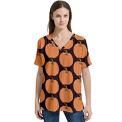 Black And Orange Pumpkin V-neck Split Shoulder Casual T-shirt by ConteMonfrey