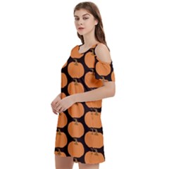 Black And Orange Pumpkin Women s Cold Shoulder Round Neck Mini Dress by ConteMonfrey