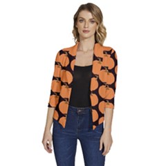 Black And Orange Pumpkin Women s Draped Front 3/4 Sleeve Shawl Collar Jacket by ConteMonfrey