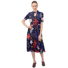 Festive Floral Pattern Christmas Blue Floral Flower Foliage Leaves Pattern Red Snow Winter Keyhole Neckline Chiffon Dress by Maspions