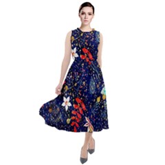 Festive Floral Pattern Christmas Blue Floral Flower Foliage Leaves Pattern Red Snow Winter Round Neck Boho Dress by Maspions