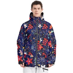 Festive Floral Pattern Christmas Blue Floral Flower Foliage Leaves Pattern Red Snow Winter Men s Multi Pockets Zip Ski And Snowboard Waterproof Breathable Jacket by Maspions