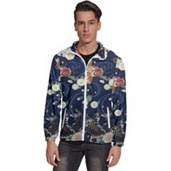 Japanese Wave Koi Illustration Pattern Men s High Neck Windbreaker by Ndabl3x