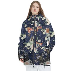 Japanese Wave Koi Illustration Pattern Women s Multi Pockets Zip Ski And Snowboard Waterproof Breathable Jacket by Ndabl3x