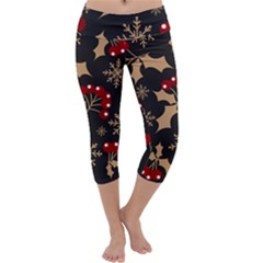 Christmas Pattern With Snowflakes Berries Capri Yoga Leggings by Ket1n9