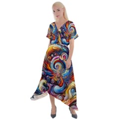 Dynamic Color Vortex Cross Front Sharkbite Hem Maxi Dress by ExtraAwesomeSauce