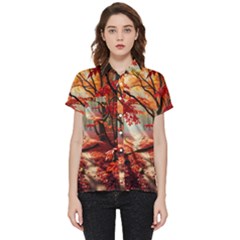 Forest Path Red Nature Short Sleeve Pocket Shirt by Bedest