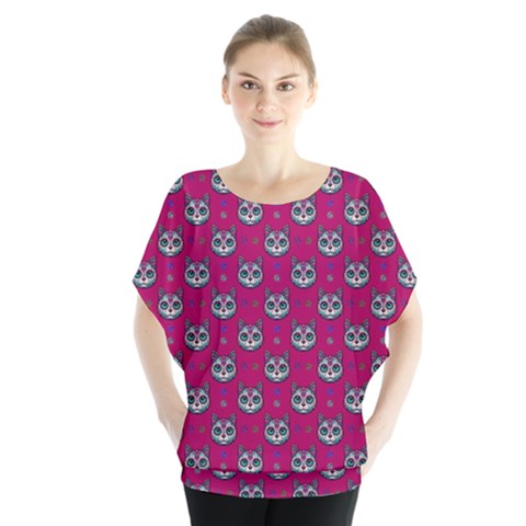 Calavera Cat Art Pattern Batwing Chiffon Blouse by ExtraAwesomeSauce