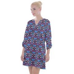 Colorful Sugar Skull Cat Pattern Open Neck Shift Dress by ExtraAwesomeSauce