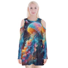 Cosmic Jellyfish Artwork Velvet Long Sleeve Shoulder Cutout Dress by ExtraAwesomeSauce