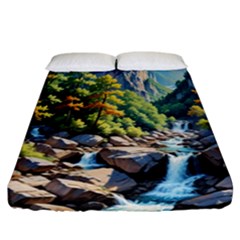 Serene Mountain Waterfall Landscape Fitted Sheet (california King Size) by ExtraAwesomeSauce