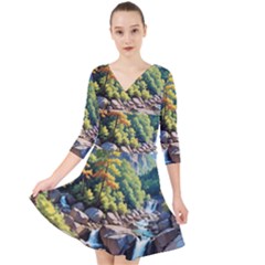 Serene Mountain Waterfall Landscape Quarter Sleeve Front Wrap Dress by ExtraAwesomeSauce