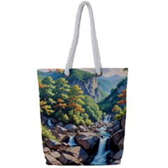 Serene Mountain Waterfall Landscape Full Print Rope Handle Tote (small) by ExtraAwesomeSauce