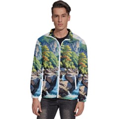 Serene Mountain Waterfall Landscape Men s High Neck Windbreaker by ExtraGoodSauce