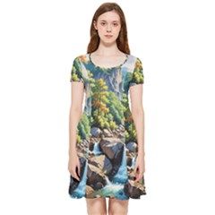 Serene Mountain Waterfall Landscape Inside Out Cap Sleeve Dress by ExtraAwesomeSauce