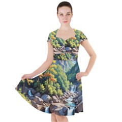 Serene Mountain Waterfall Landscape Cap Sleeve Midi Dress With Pockets by ExtraAwesomeSauce