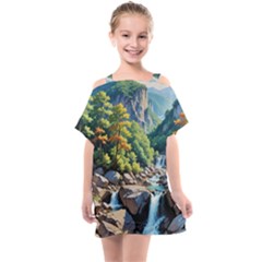 Serene Mountain Waterfall Landscape Kids  One Piece Chiffon Dress by ExtraAwesomeSauce