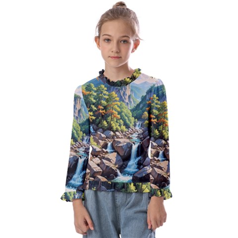 Serene Mountain Waterfall Landscape Kids  Frill Detail T-shirt by ExtraAwesomeSauce