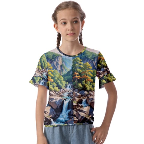 Serene Mountain Waterfall Landscape Kids  Cuff Sleeve Scrunch Bottom T-shirt by ExtraAwesomeSauce