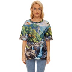 Serene Mountain Waterfall Landscape Oversized Basic T-shirt by ExtraAwesomeSauce