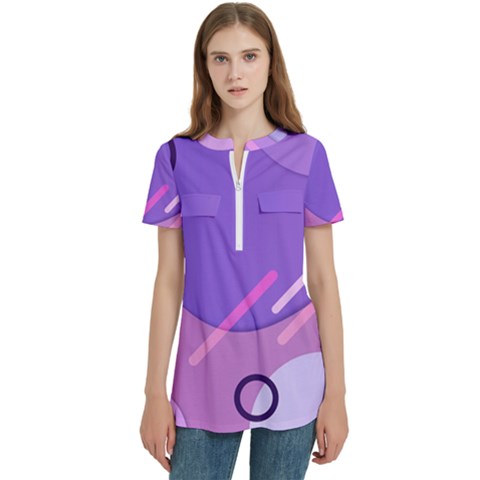 Colorful Labstract Wallpaper Theme Women s Zip Front V-neck Short Sleeve Casual Top Pocket Shirt by Apen