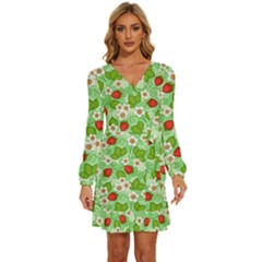 Strawberries Pattern Seamless Long Sleeve Waist Tie Ruffle Velvet Dress by Posterlux